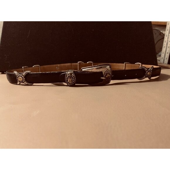 Leather Belt Size 30 Brighton Black Western Gold Silver Accents Buckle Conchos main image 10